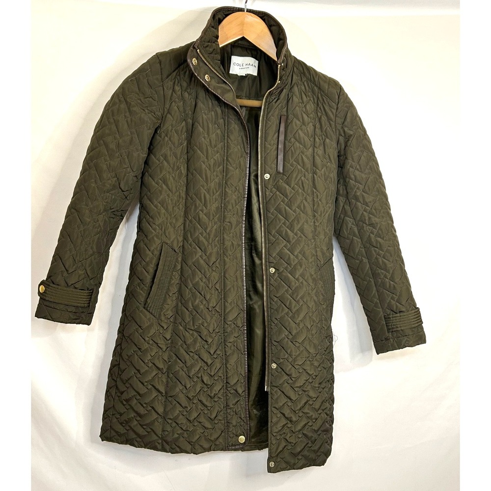 Cole Haan Signature Quilted Jacket XS/TP Green Faux Leather Trim Zip Snap Coat